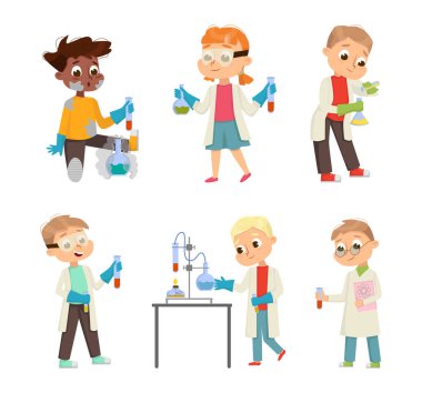 Funny Boy and Girl in Laboratory Coat Making Research with Chemicals in Glass Flask Vector Illustration Set. Little Kid Attending Chemistry Lesson and Conducting Experiment