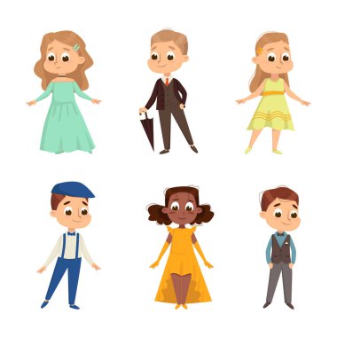 Cute Children Dressed in Elegant Clothes Standing and Smiling Vector Set. Fashionable Kid Chic in Stylish Garment and Attire Concept