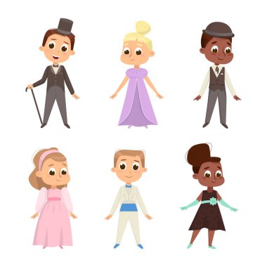 Cute Children Dressed in Elegant Clothes Standing and Smiling Vector Set. Fashionable Kid Chic in Stylish Garment and Attire Concept