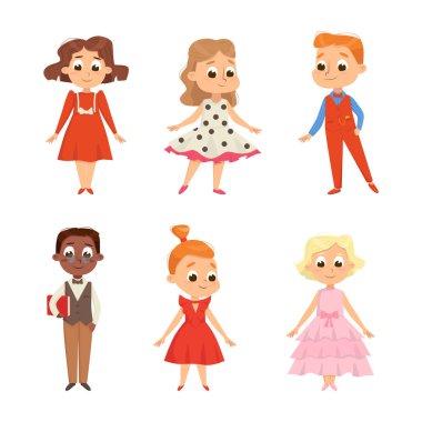 Cute Children Dressed in Elegant Clothes Standing and Smiling Vector Set. Fashionable Kid Chic in Stylish Garment and Attire Concept