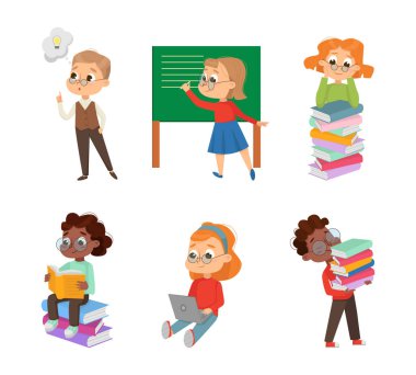 Tatlı Çocuk ve Gözlüklü Kız İnek Küçük Dahi Vektör Seti. Akıllı Öğrenci Öğrenim Konusu ve Bilgi Kazanma Konusu Konusunda İlgili