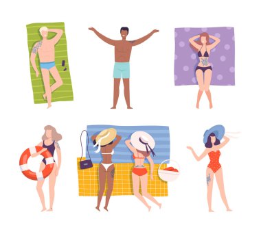 Young Man and Woman with Tattoo Wearing Swimming Suit Lying on Blanket on Beach Vector Set. Male and Female Resting and Sunbathing at Seaside Enjoying Warm Season