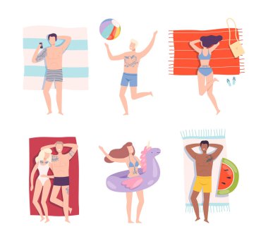 Young Man and Woman with Tattoo Wearing Swimming Suit Lying on Blanket on Beach Vector Set. Male and Female Resting and Sunbathing at Seaside Enjoying Warm Season