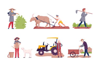 Asian Male and Female Farmer Cultivating Agricultural Crop Vector Illustration Set. Man and Woman Engaged in Horticulture Working on Plantation or Field Concept