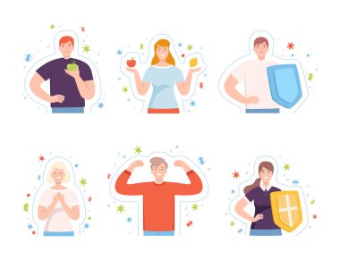 Young Male and Female with Invisible Barrier for Pathogen and Germs Vector Illustration Set. Healthcare with Man and Woman Having Strong Immunity with Resistance to Bacterial Attack Concept