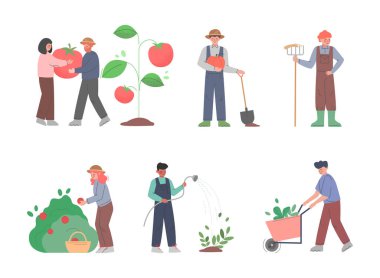 Garden Vector Set 'te çalışan erkek ve dişi çiftçi. Erkek ve Kadın Tarım İşçisi Bitki ve Organik Ürün Geliştirme ve Yetiştirme Konsepti