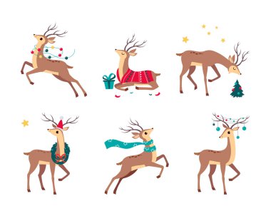 İnce rengeyiği ve Antler Eşarp ve Garland Vector Set. Noel Geyiği Aralık 'ta Kış Tatilinin Keyifli Günleri