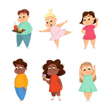 Little Boy and Girl with Overweight and Body Fat Vector Set. Pudgy or Chubby Child with Excess Weight Concept
