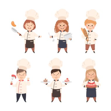 Beyaz Toque 'lu Çocuklar Şefi ve Üniformalı Mutfak ve Mutfak Vektörü Set. Gıda Hazırlama Konseptine Katılan Küçük Çocuklar