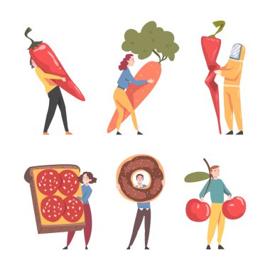 Erkek ve Kadın Büyük Gıda Vektörü Seti ile etkileşimde. Büyük Biber, Havuç, Sandviç, Donut ve Kiraz Kavramını Taşıyan Küçük Erkek ve Kadın