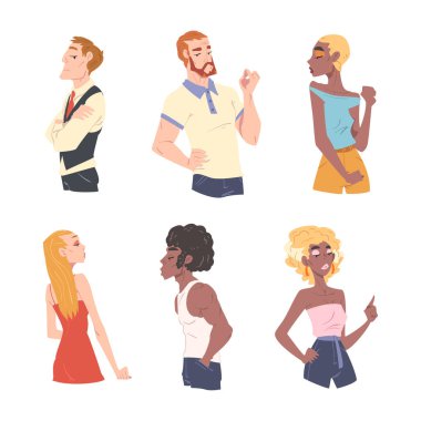 Kibirli Yüz İfadesi Gururlu Görünümlü Vektör Seti olan Erkek ve Kadın. Genç Bencil Erkek ve Kadın Egoist ve Üstün Tutum Kavramına Sahip