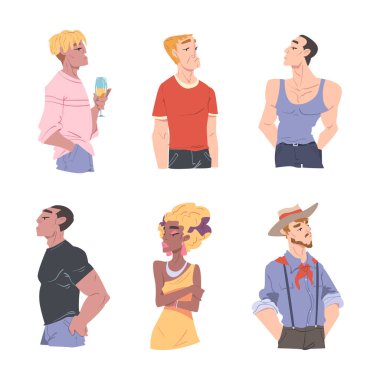 Kibirli Yüz İfadesi Gururlu Görünümlü Vektör Seti olan Erkek ve Kadın. Genç Bencil Erkek ve Kadın Egoist ve Üstün Tutum Kavramına Sahip