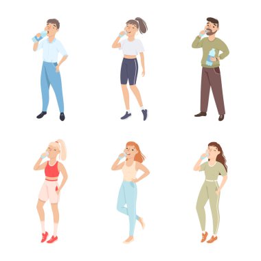 Plastik Şişe Söndüren Susuzluk vektörü setinden Genç Adam ve Kadın Saf Durgun Suyu Durup İçiyor. Erkek ve Kadın Sıcak Yaz Hava Konseptinde Serinletici İçkinin Tadını Çıkartıyor