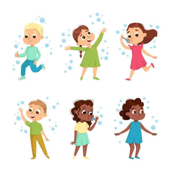 Funny Boy and Girl Playing with Soap Bubbles Vector Set. Happy Little Kid Having Fun Engaged in Recreation Activity