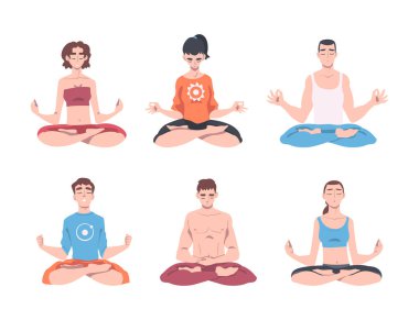 Padmasana 'da ya da Lotus Konumu Uzlaşma Vektörü Seti' nde oturan genç adam ve kadın bacak bacak bacak üstüne atmış. Yoga dersi sırasında Asana 'da Rahat ve Sakin Erkek ve Kadın Solunumu