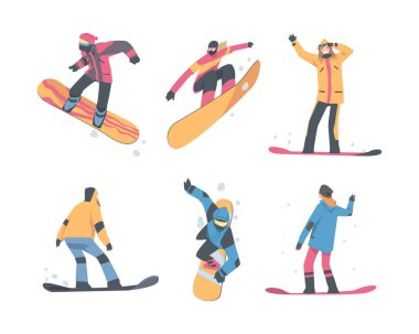 Erkek ve Kadın Snowboard Kış Giysileri Vector Set. Erkek ve Kadın İniş Yapan Karla kaplı Kayak Tahtasında Duran Dağ Sporu Etkinliği Konseptine Bağlandı