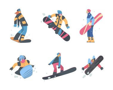 Erkek ve Kadın Snowboard Kış Giysileri Vector Set. Erkek ve Kadın İniş Yapan Karla kaplı Kayak Tahtasında Duran Dağ Sporu Etkinliği Konseptine Bağlandı
