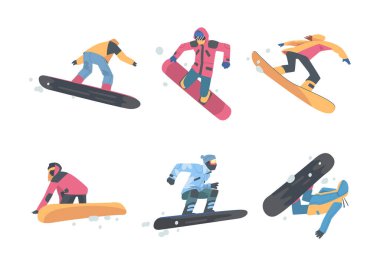 Erkek ve Kadın Snowboard Kış Giysileri Vector Set. Erkek ve Kadın İniş Yapan Karla kaplı Kayak Tahtasında Duran Dağ Sporu Etkinliği Konseptine Bağlandı