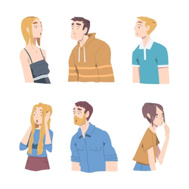 Şok Yüzlü Genç Adam ve Kadın Nefes nefese Şaşkınlık Taşıyıcı Set. Şaşırmış ve Şaşırmış Erkek ve Kadın Şaşırtıcı Bir Şeylere Bakıyor