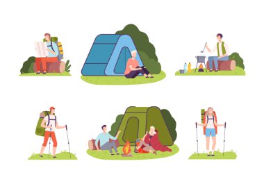 Genç Adam ve Kadın Kamp Kutusu Yürüyüşü ve Oturma Çadır Vektörü İllüstrasyon Seti. Sırt çantalı Sportif Erkek ve Kadın Yürüyüş ve Seyahat Macerası Konsepti