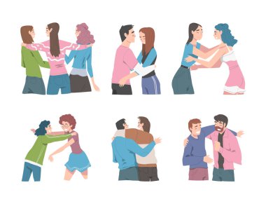 Genç Erkek ve Kadın Arkadaşların Buluşması Birbirine Sarılmak ve Selamlamak Vector Set. Mutlu Erkek ve Kadın Karakteri Dostluk Konsepti olarak Arkadaşla Kucaklaşıyor