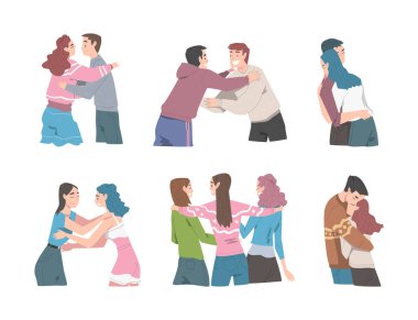 Genç Erkek ve Kadın Arkadaşların Buluşması Birbirine Sarılmak ve Selamlamak Vector Set. Mutlu Erkek ve Kadın Karakteri Dostluk Konsepti olarak Arkadaşla Kucaklaşıyor