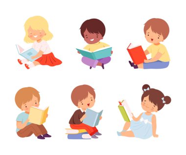 Küçük Oğlan ve Kız Okuma ve Kurgu Hikaye Vektörü setinin tadını çıkarıyorlar. Eğlenceli Çocuk Okuyucu Geliştirme Hayal Gücü Boş Zaman Etkinliği Konseptine Bağlandı