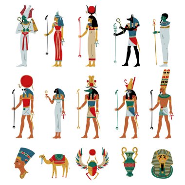 Mısır tanrıları ve tanrıçaları. Osiris, Horus, Ra, Hathor, Ptah, Sekhmet, Maat Antik Mısır tanrıları karikatür vektör çizimi