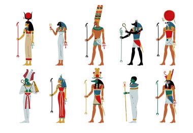 Mısır tanrıları ve tanrıçaları. Osiris, Horus, Ra, Hathor, Ptah, Sekhmet, Maat Antik Mısır tanrıları karikatür vektör çizimi
