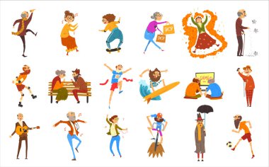 Farklı Faaliyetler Yönetmenleri Seti 'nde eğlenen komik yaşlı insanlar. Kıdemli Erkek ve Kadın Emekliler Yaşamın ve Emekliliğin tadını çıkarıyor