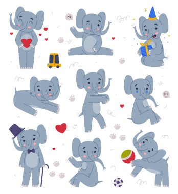 Geniş Kulak Flapları ve Bagajı Farklı Etkinlik Vektörü Ayarlı Komik Fil. Şirin, arkadaş canlısı Afrika memelisi Hayatın tadını çıkarıyor