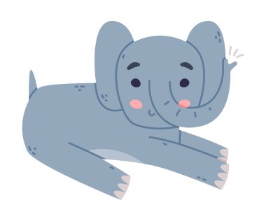 Büyük Kulak Flapları ve Sırıtan Vektör İllüstrasyonlu Komik Fil. Şirin, arkadaş canlısı Afrika memelisi Hayatın tadını çıkarıyor