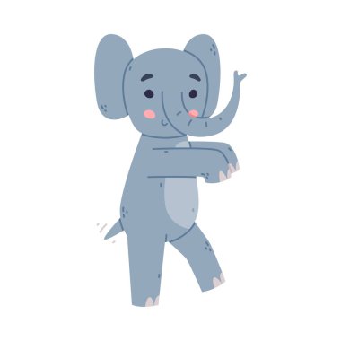 Büyük Kulak Flaplı Komik Fil ve Gövde Yürüyüşü ve Gülen Vektör İllüzyonu. Şirin, arkadaş canlısı Afrika memelisi Hayatın tadını çıkarıyor