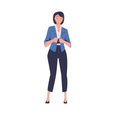 Kadın Girişimci ve Ofis Çalışanı Mavi Ceketli Duruyor ve Gülümseyen Vektör İllüzyonu. Genç Kadın İş Yöneticisi
