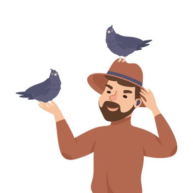 Kulaklıklı Adam Özel Dedektifle Casusluk ve Başında Oturan Güvercin Muhabbet Vektörü İllüstrasyonunu Dinliyor. Erkek Gizli Ajan Gizlice Dinleme ve Casusluk Toplama