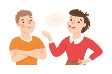 Erkek ve kadın birlikte konuşuyor ve vektör illüstrasyonunu tartışıyorlar. Genç Erkek ve Kadın Sohbet ve Muhabbet Ettiler