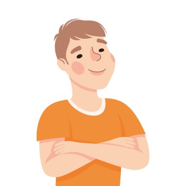 Kolları göğsünde katlanmış gülümseyen bir genç adam. Kendinden emin Erkek Karakterinin Portresi