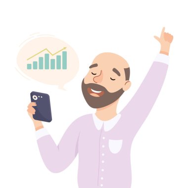 Genç Sakallı Adam Ofis çalışanı ve Akıllı Telefon Gözlemleme Grafik Vektörü İllüstrasyonu. Erkek Tezgahtar Günlük Çalışma Akımına Bağlandı