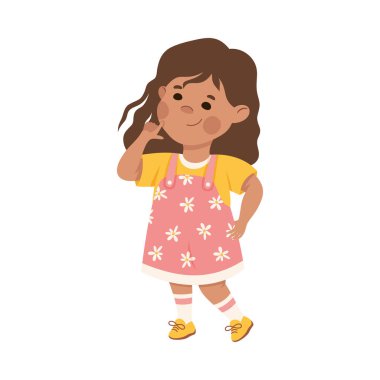 Tatlı düşünceli küçük kız çözme problemi. Düşünceli esmer kız sarı tişörtlü ve pembe elbiseli. Çizgi film vektör çizimleri beyaz üzerinde izole edilmiş.