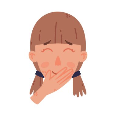 Kadın Kafası ve Yüzü Gülen Ağız 'ı El Hareketi Vektörü İllüstrasyonuyla Kaplıyor. Yüz İfadesine sahip Kadın ve Gestikülasyonlu Grimace