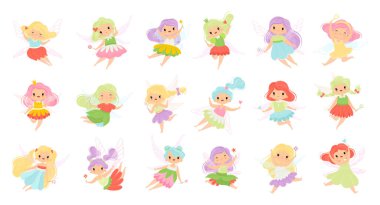 Kanatları ve sihirli değneği olan sevimli kız uçan ve kanat çırpan. Peri Masalı Konseptinden Fantastik Yaratık Gibi Etrafta Uçan Güzel Elbiseli Küçük Peri