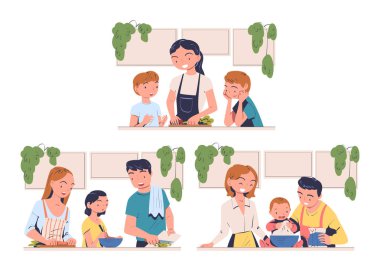 Mutfakta Aile Yemek Pişirme ve Yemek Hazırlama Vektörü Seti. Çocuklu Ebeveynler Evde Mutfaktan Hoşlanıyor
