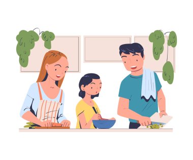 Masa Aşçılığı ve Yemek Hazırlama Vektörü İllüstrasyonunda Aile. Çocuklu Ebeveynler Birlikte Ev Etkinliğinden Hoşlanıyor
