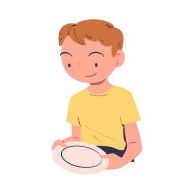 Mutfak Vektörü Resimlerinde Erkek Karakteri Tabağı Masaya Koyuyor. Yemek servisi için Utensil kullanan küçük çocuk.