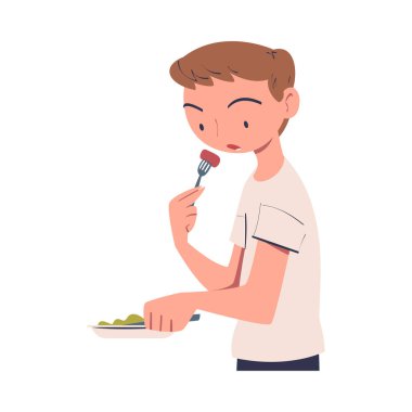 Erkek Karakteri Evde Masada Bıçak ve Çatal Vektör İllüstrasyonuyla Yemek Yiyor. Genç Erkek Akşam Yemeği Kavramı