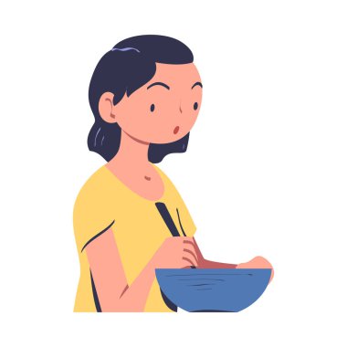Evde Yemek Yapan Kadın Karakteri Bowl Salatası Masa Vektörü İllüzyonu 'nda duruyor. Genç Kadın Mutfakta Yemek ve Yemek Hazırlıyor