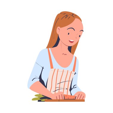 Evde Sebze Doğrama Karakterleri Masa Vektörü İllüstrasyonu 'nda duruyor. Önlüklü Genç Kadın Mutfakta Yemek ve Yemek Hazırlıyor