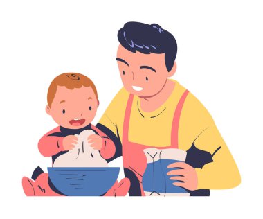 Babam, Bowl 'da Evde Hamur Yapan Bebek Aşçılığı Masa Vektörü İllüstrasyonu' nda duruyor. Genç Ebeveyn ve Çocuk Mutfakta Yemek ve Yemek Hazırlıyor