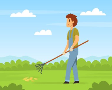 Tarla karikatürü çizimleri üzerinde tırmıkla çalışan çiftçi.