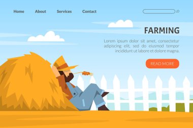 Çiftçilik iniş sayfası şablonu. Erkek çiftçi samanlığa yaslanarak oturuyor. Çiftlik endüstrisi, bahçe işleri web sayfası karikatür vektör illüstrasyonu